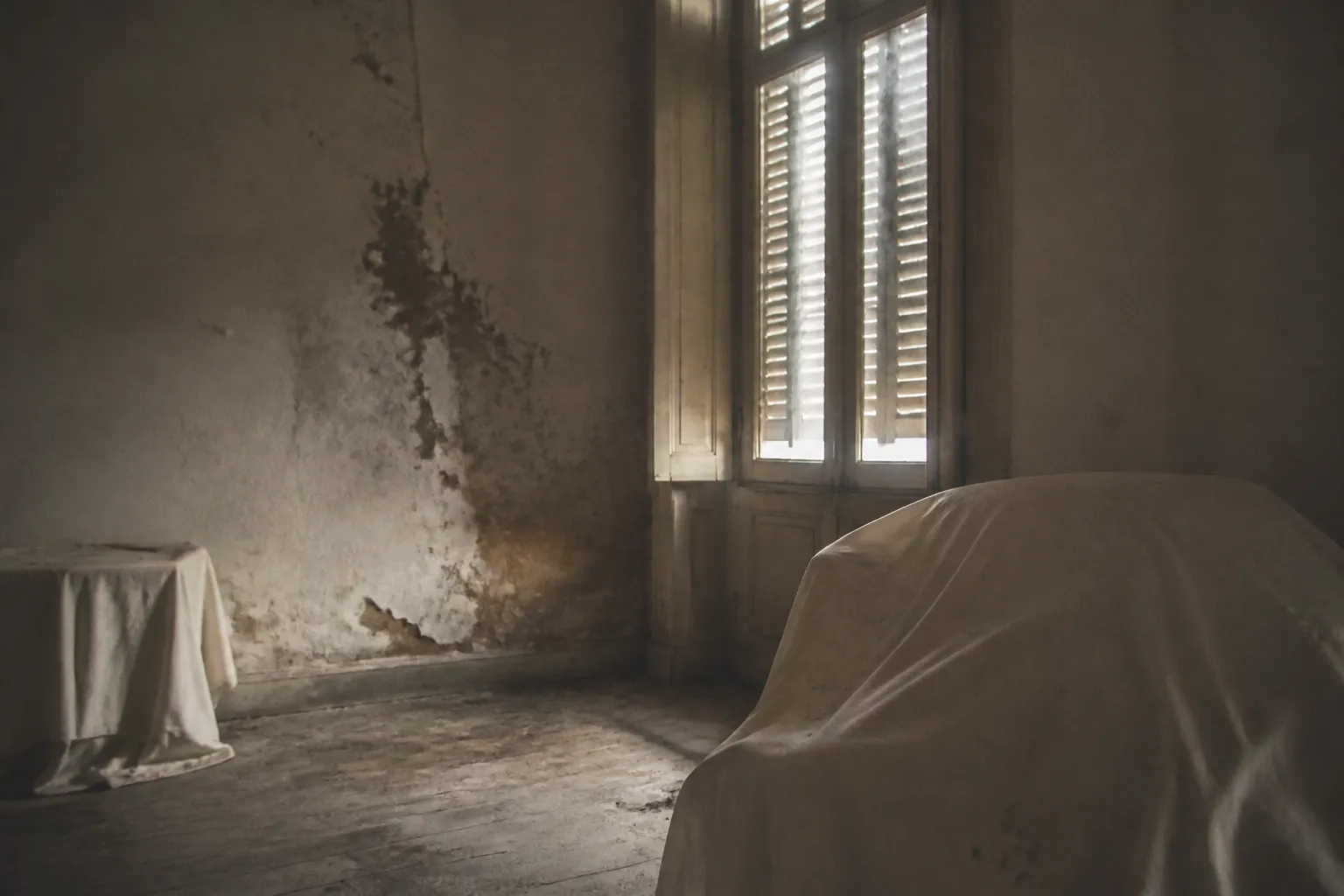 Pièce de maison fermée avec volets clos et traces d’humidité