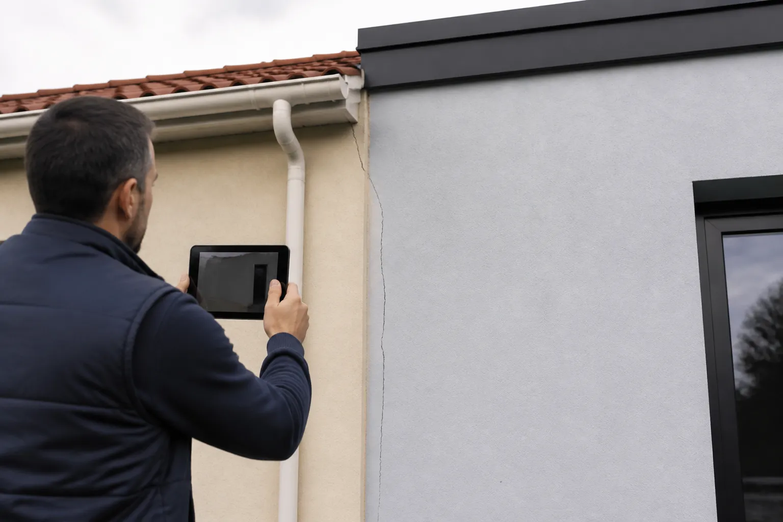 Jonction fissurée entre une maison et son extension observée par un expert