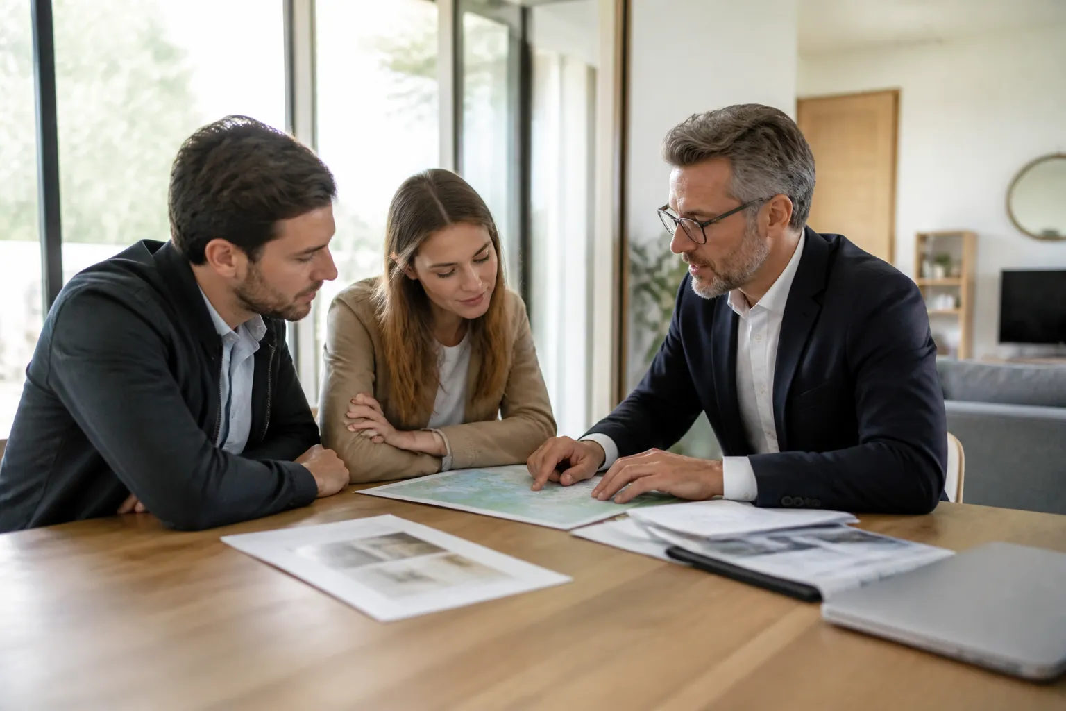 Acheteurs consultant un état des risques avec un expert en bâtiment