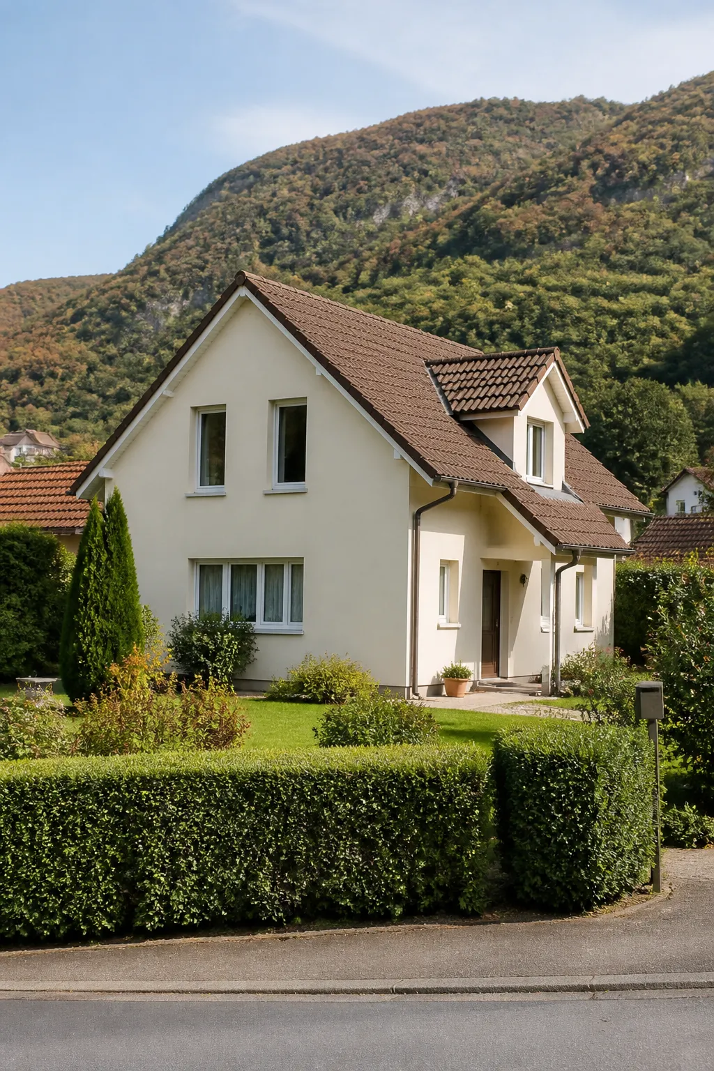 Maison individuelle enduite avec toit de tuiles dans une petite ville de l’est de la France