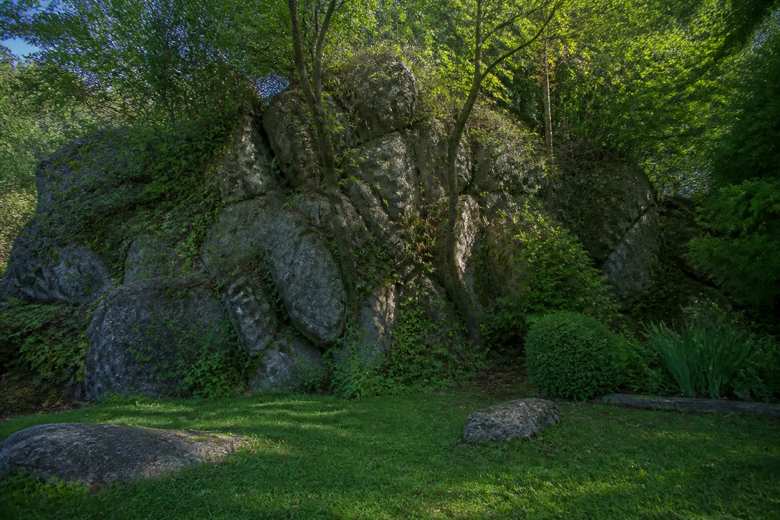 Talus rocheux boisé au-dessus d’un jardin de maison