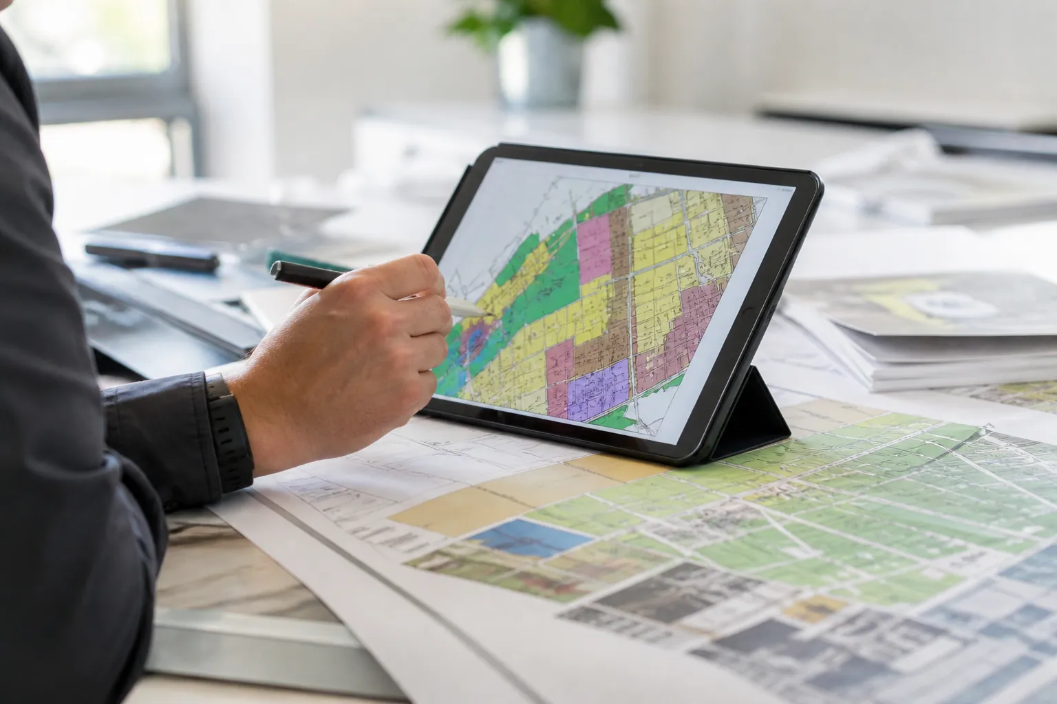 Acheteur consultant un état des risques et une carte sur une tablette
