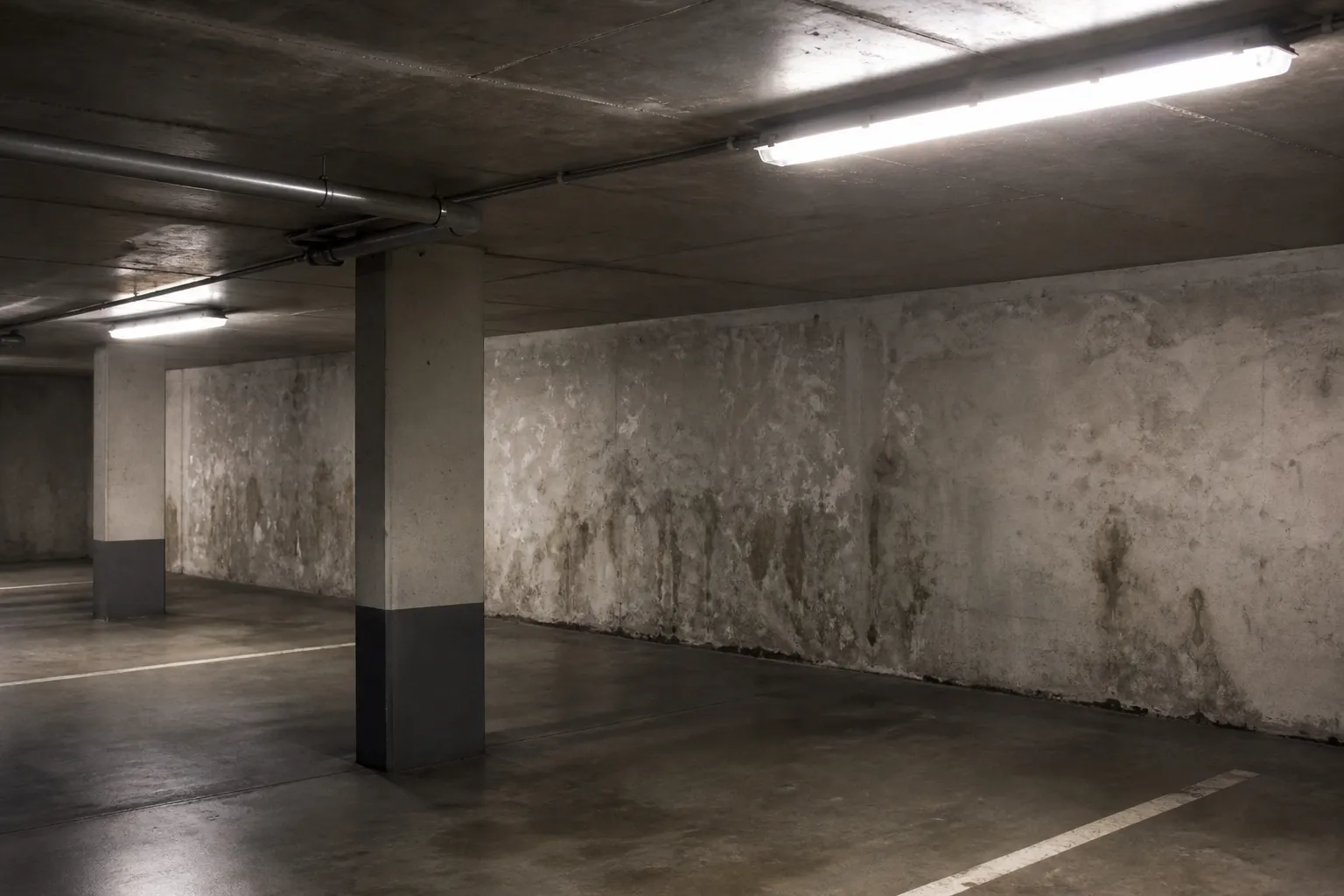 Parking souterrain avec traces d’humidité sur les murs