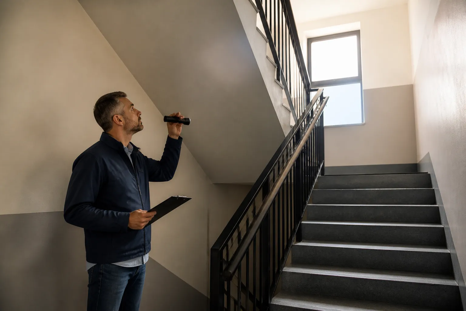 Expert en bâtiment inspectant une cage d’escalier d’immeuble