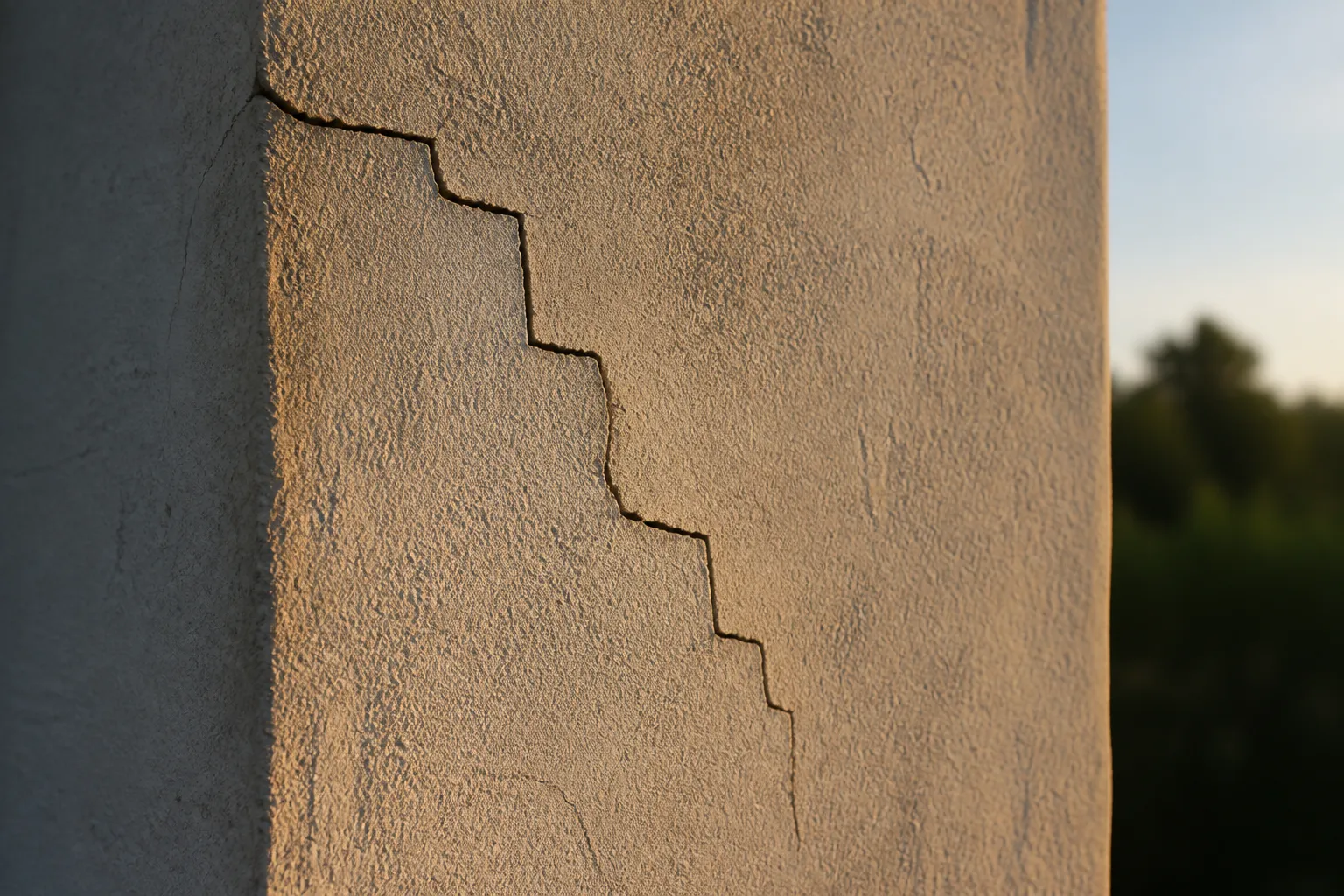 Fissure en escalier sur un mur de façade enduit près d’un angle