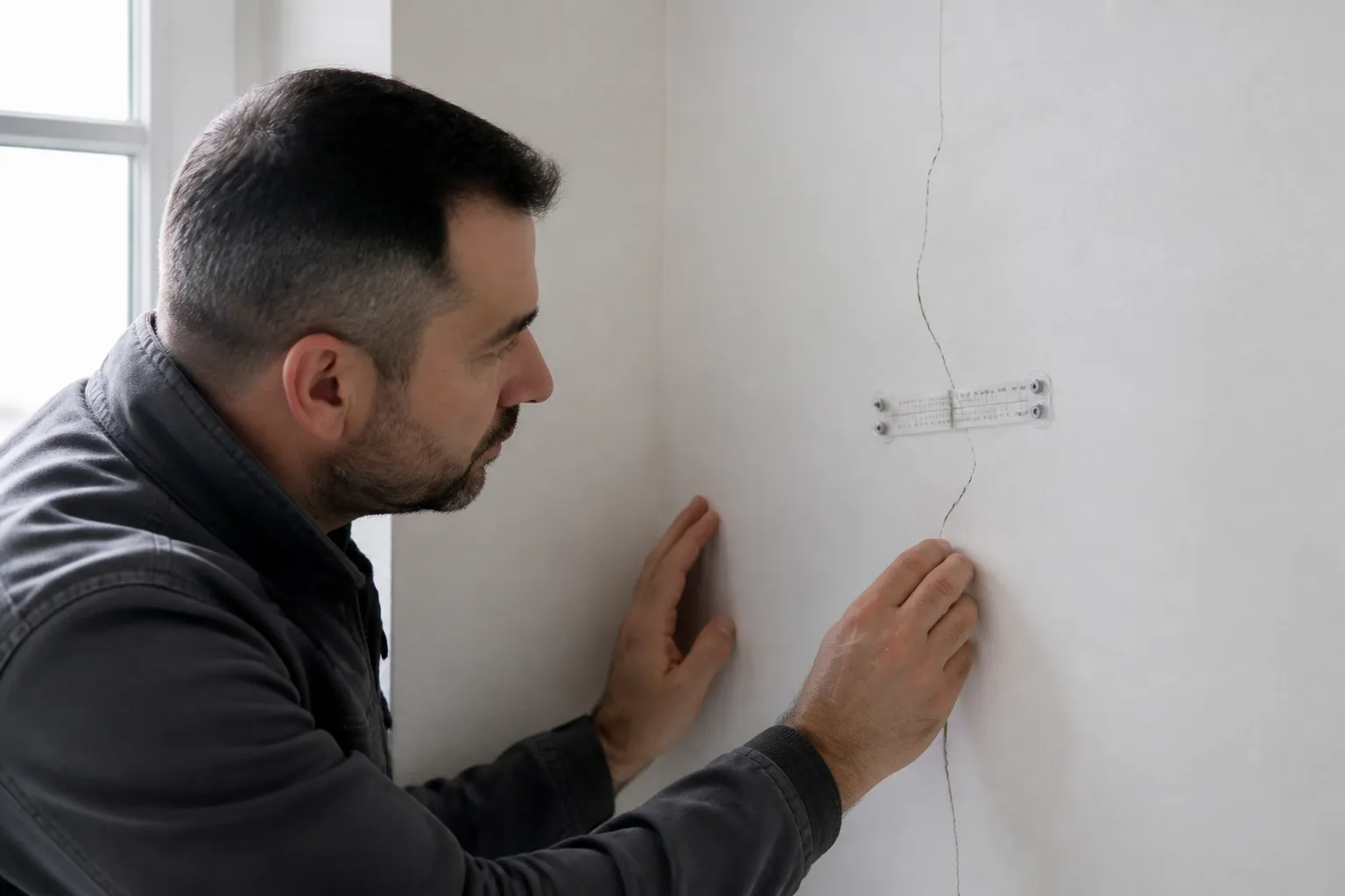 Expert posant un témoin sur une fissure intérieure