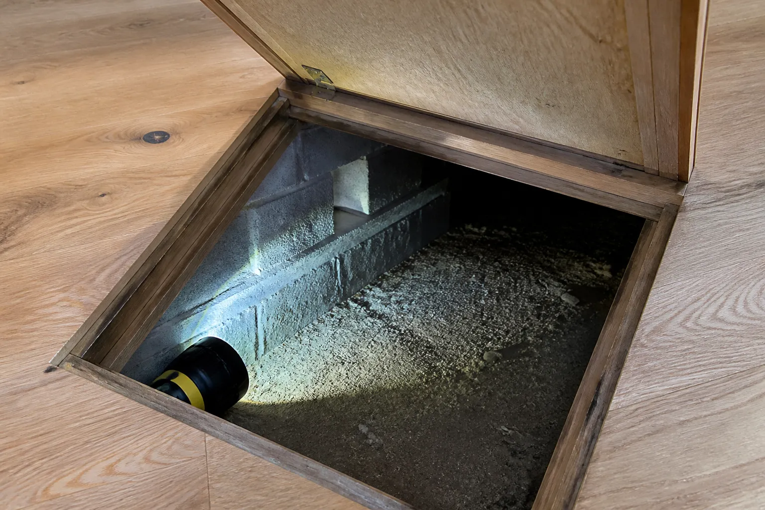 Trappe de vide sanitaire ouverte sous une maison