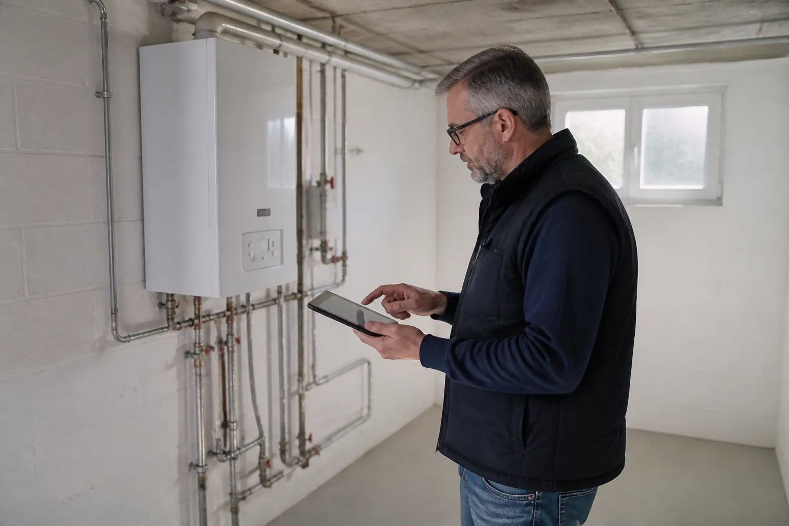 Expert en bâtiment notant ses constats dans un sous-sol