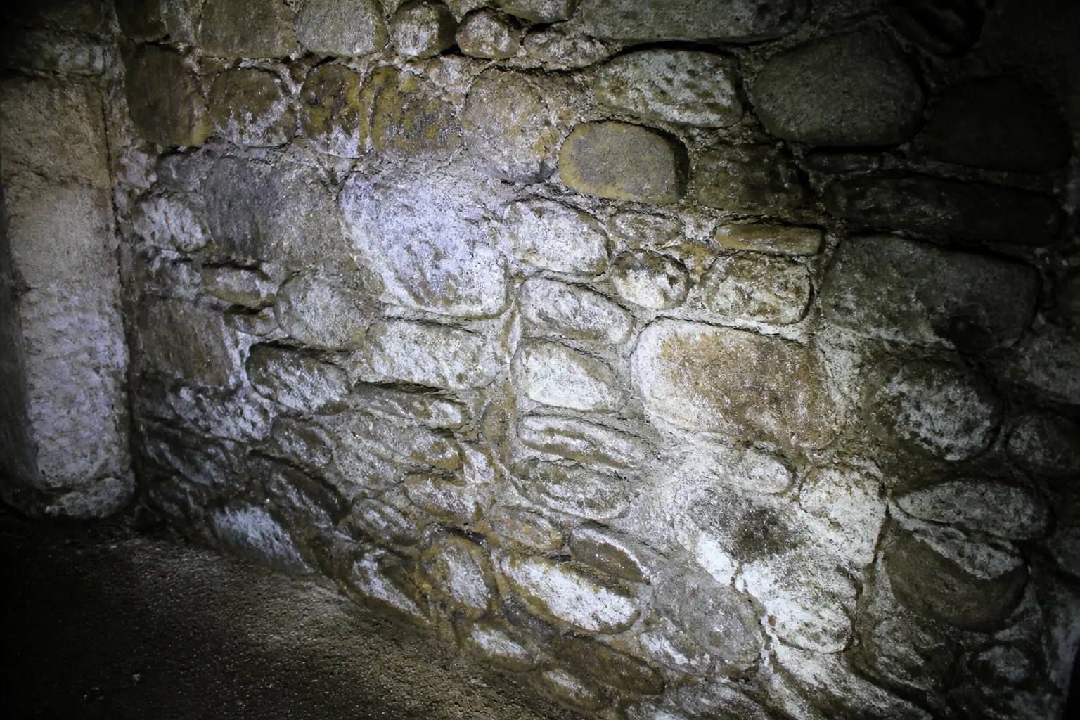Mur de cave avec traces d’humidité examiné à la lampe