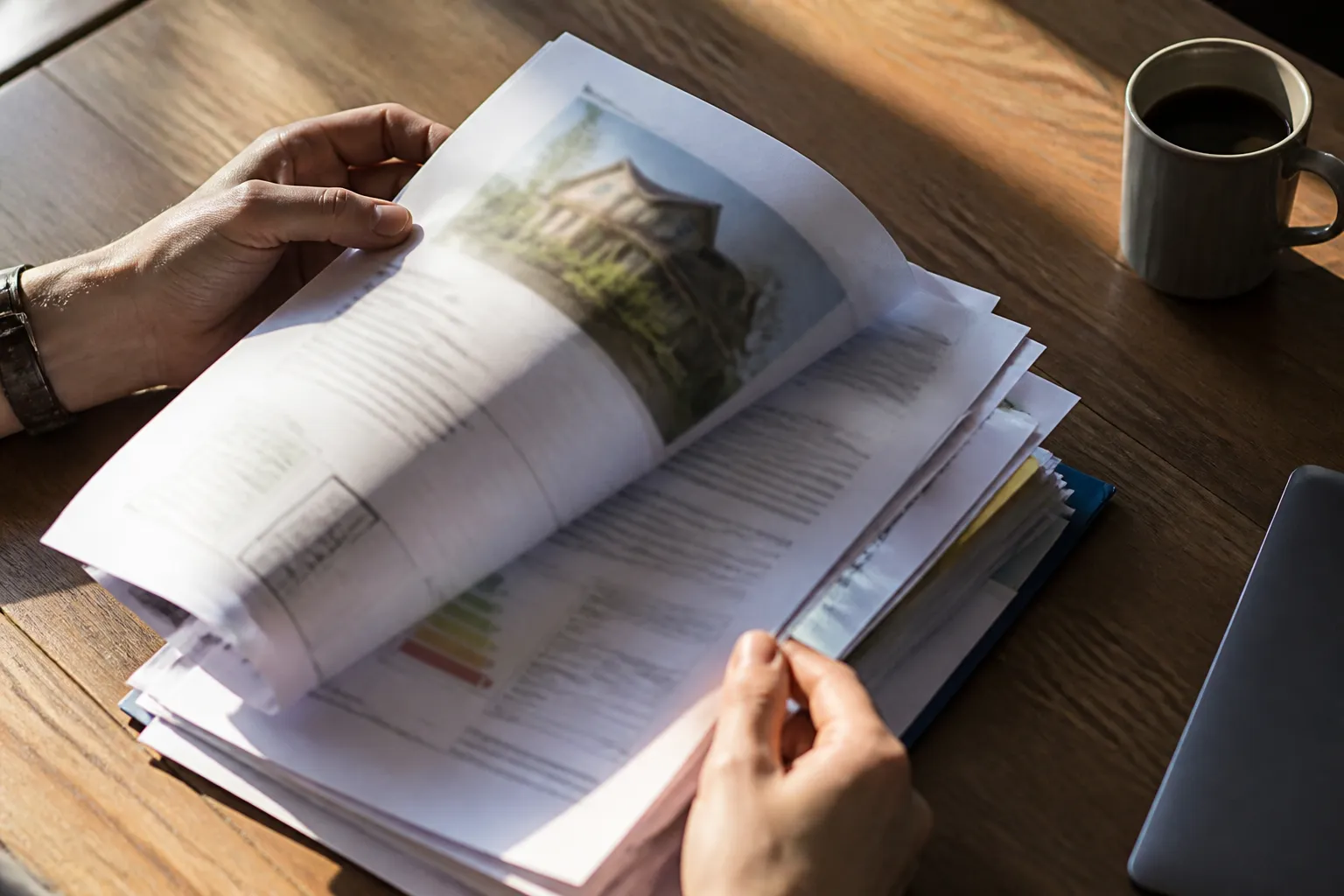 Acheteur consultant des documents de vente sur une table