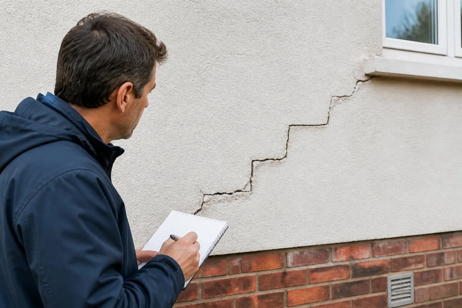 Expert observant une fissure en escalier sur une façade