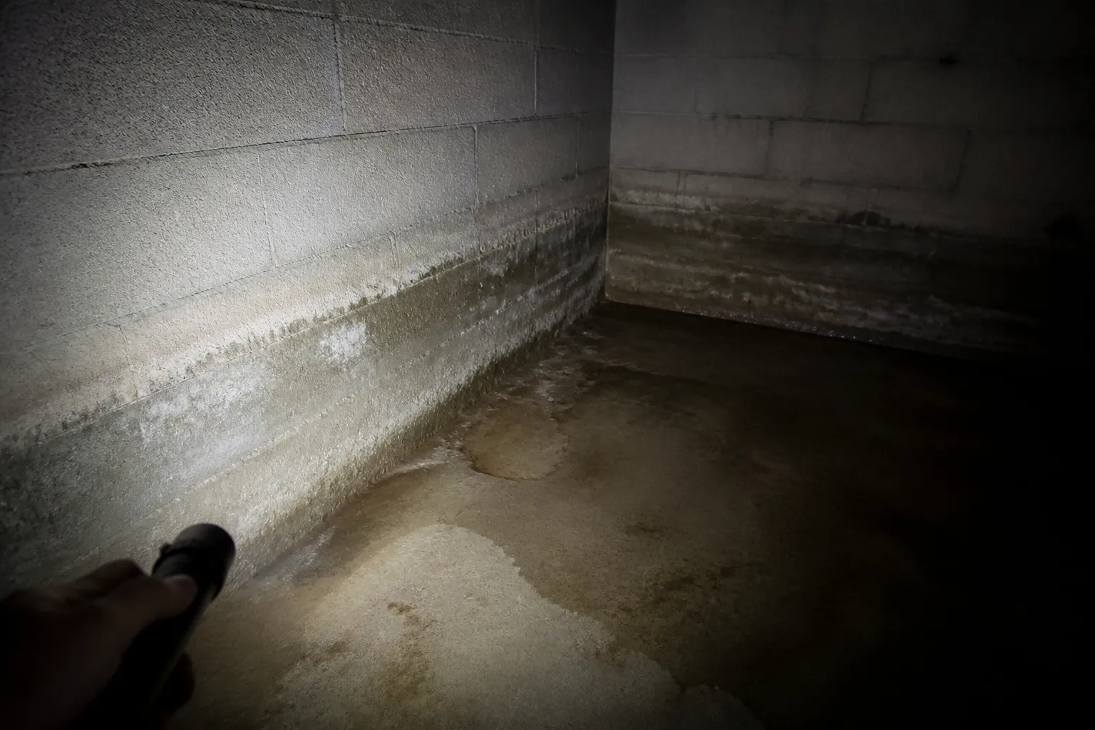 Cave avec sol humide et traces horizontales sur les murs