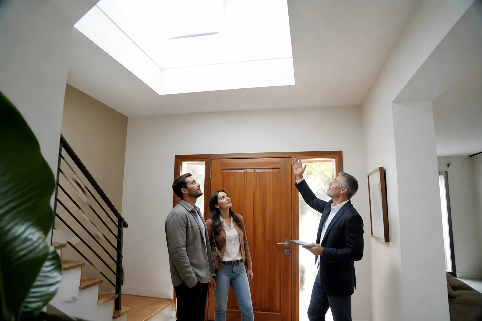 Couple d’acheteurs visitant une maison avec un expert