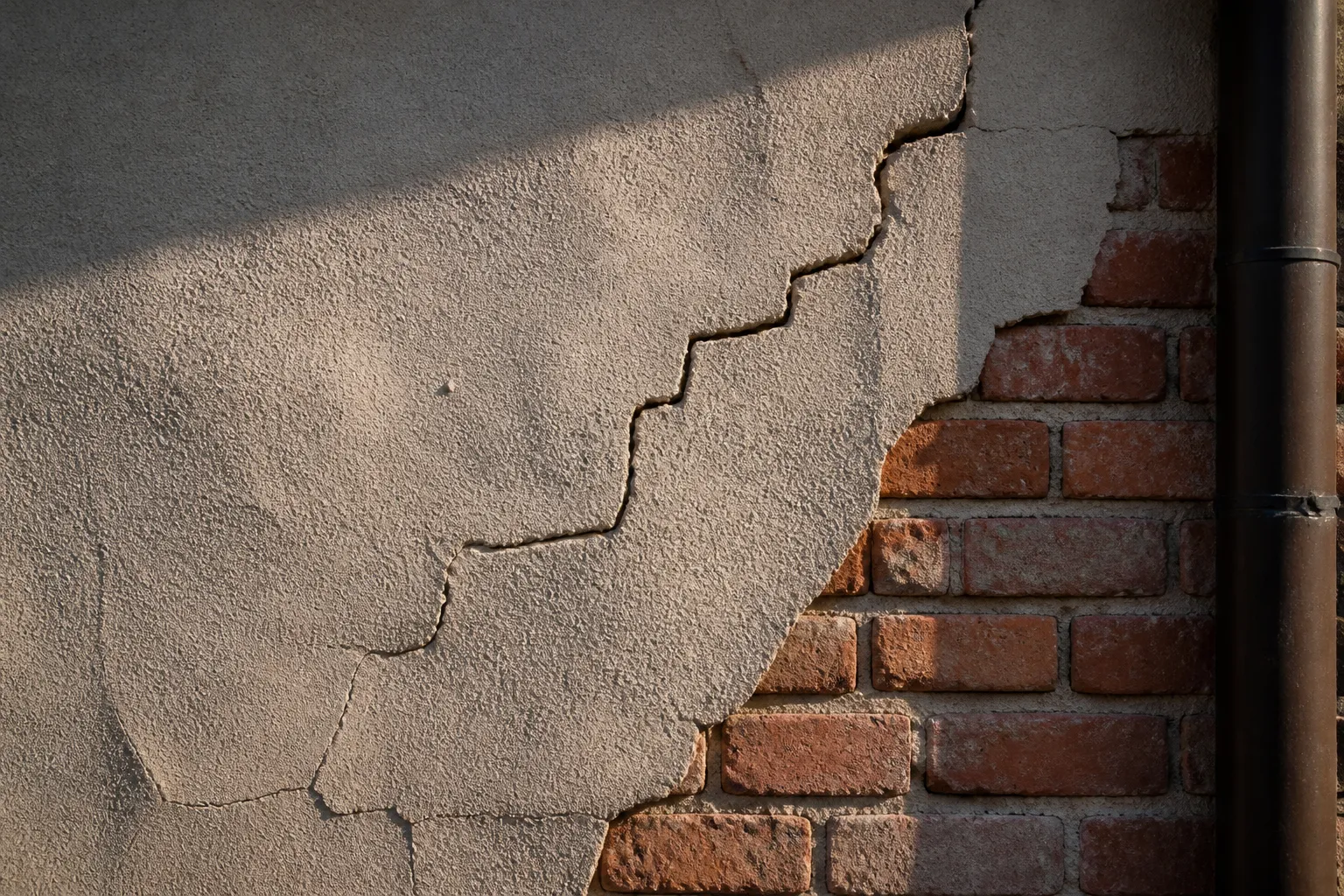 Fissure en escalier sur un mur de briques enduit