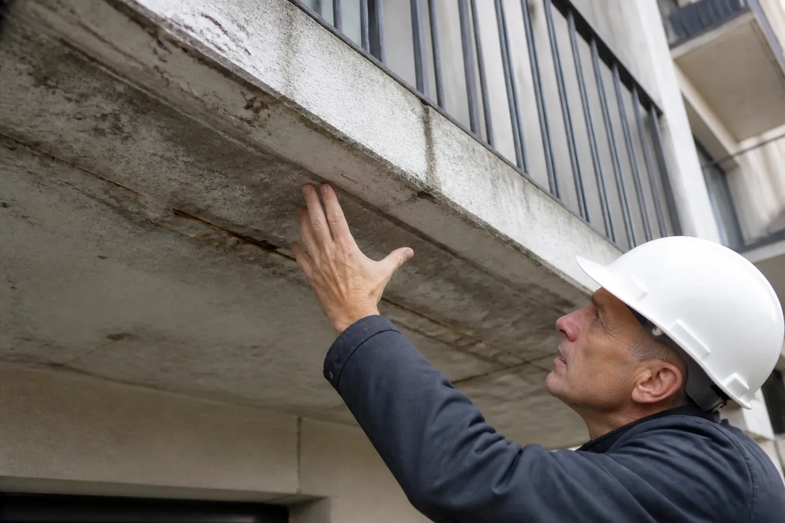 Expert inspectant un balcon d’immeuble