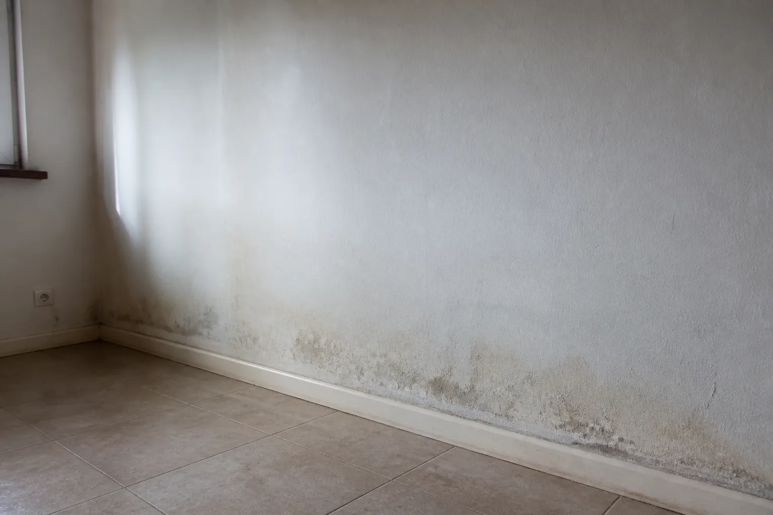 Mur de rez-de-chaussée avec enduit dégradé en partie basse