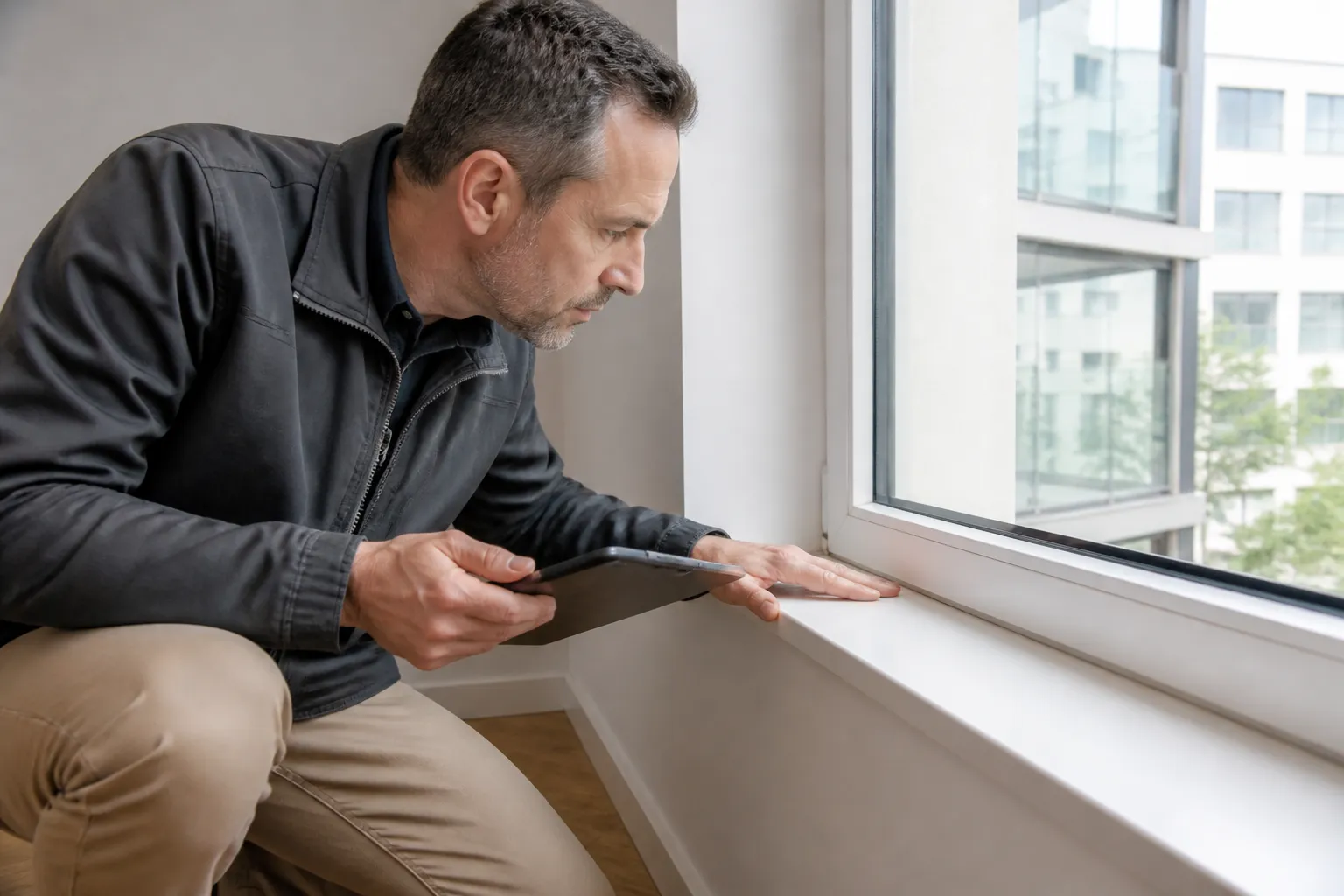 Expert examinant une fenêtre et son appui
