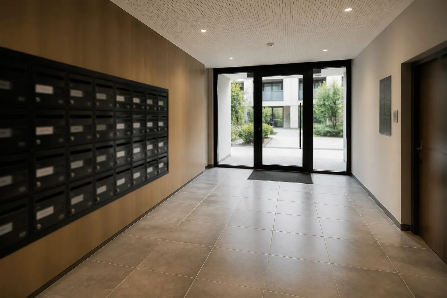 Hall d’entrée d’immeuble avec boîtes aux lettres