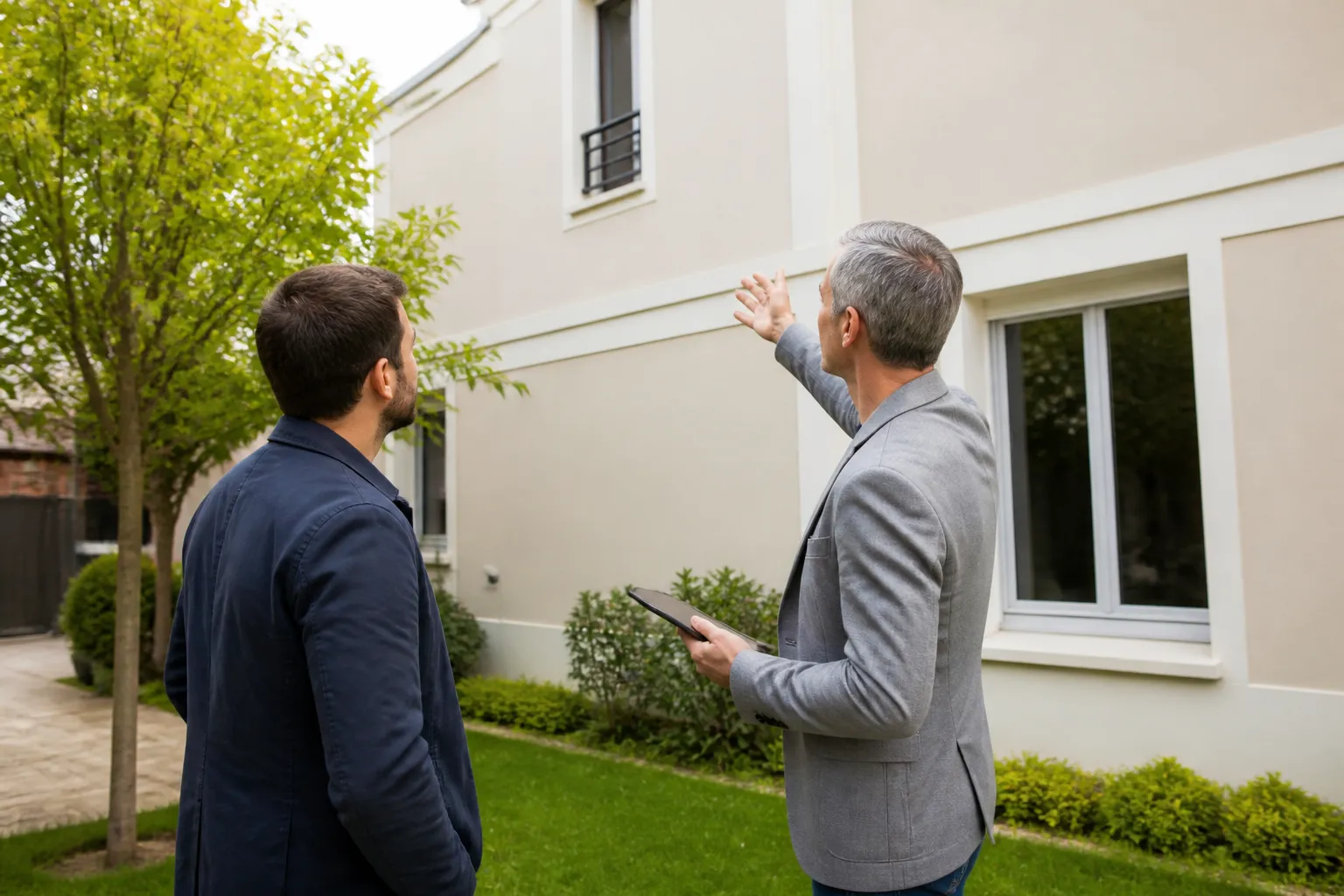 Expert et acheteur dans le jardin d’une maison