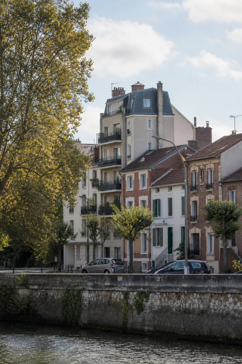 Immeuble résidentiel et maisons de ville près d’un fleuve en Île-de-France