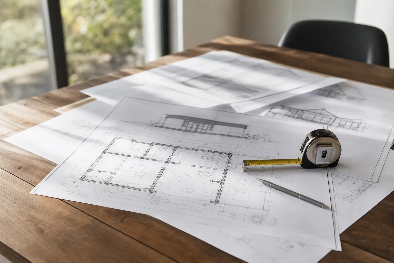 Plans d’extension de maison posés sur une table avec un mètre ruban