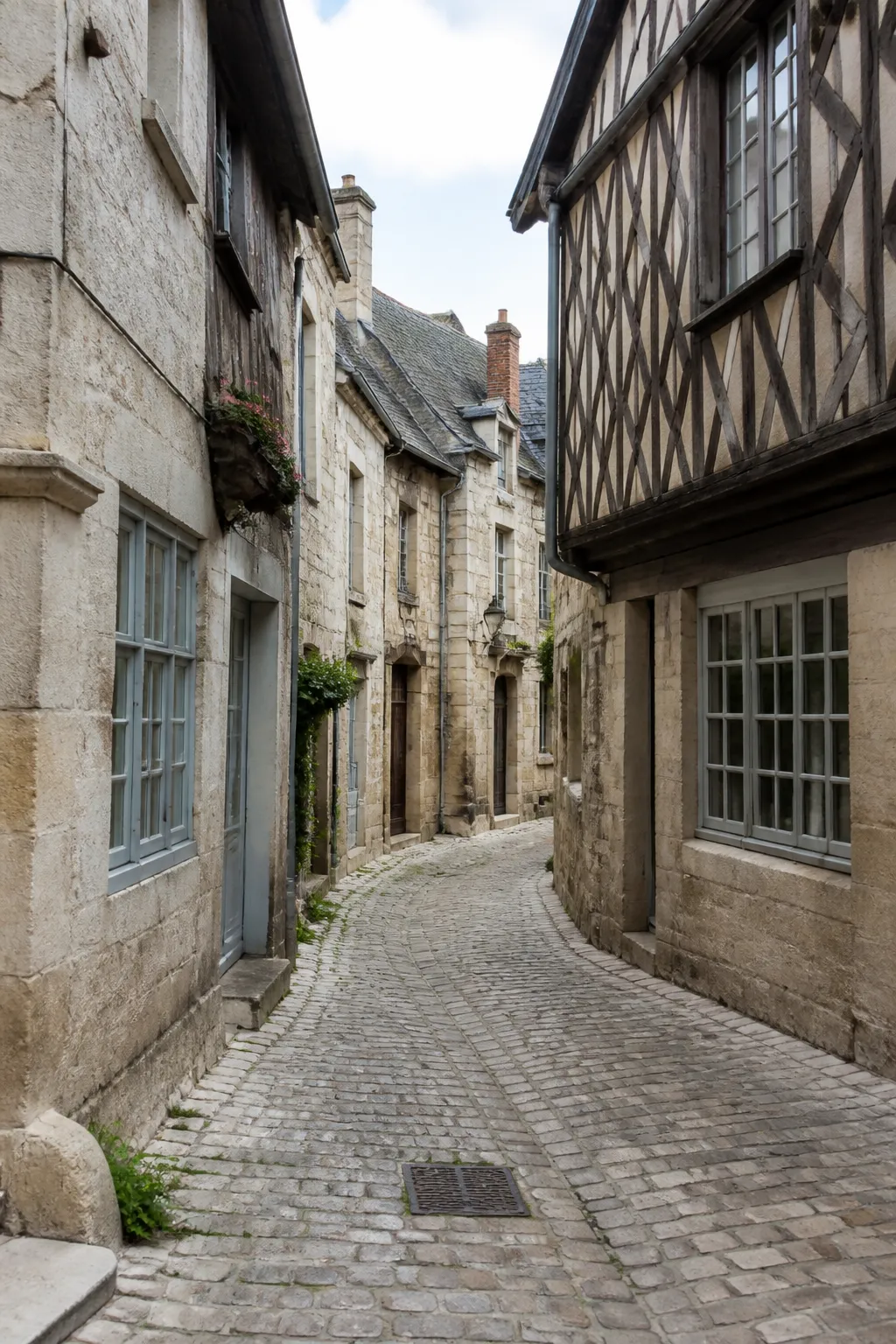 Rue ancienne aux façades en pierre et pans de bois avant un achat à Chartres