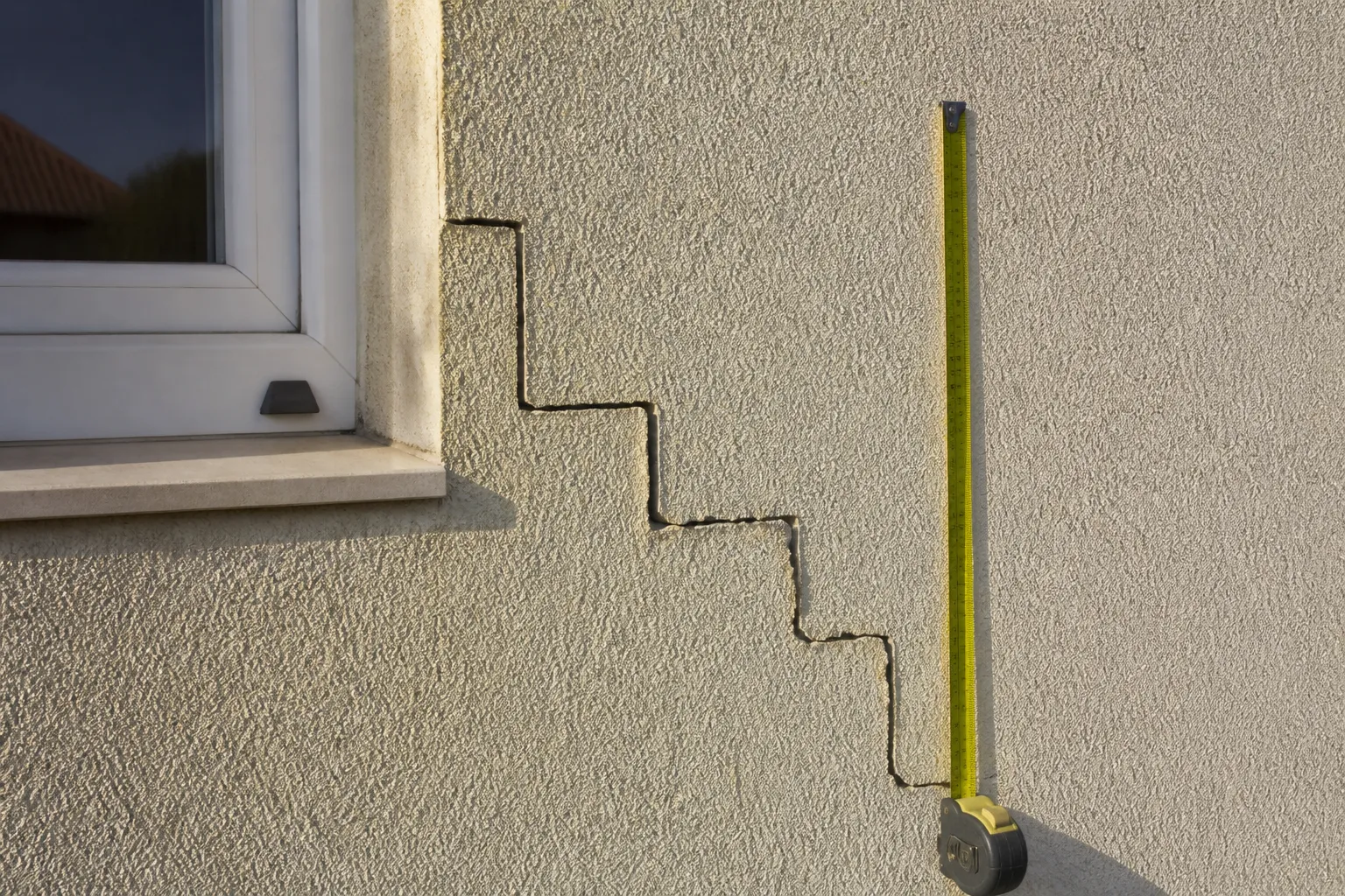 Fissure en escalier sur un mur de pavillon enduit observée de près