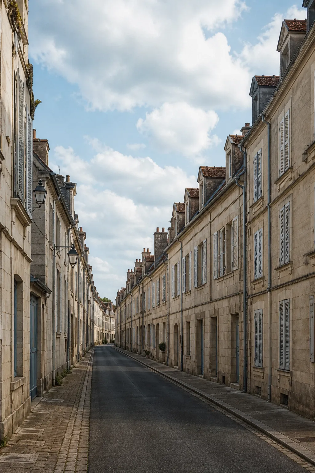Façades alignées en pierre claire et toits de tuiles dans une rue de centre-ville