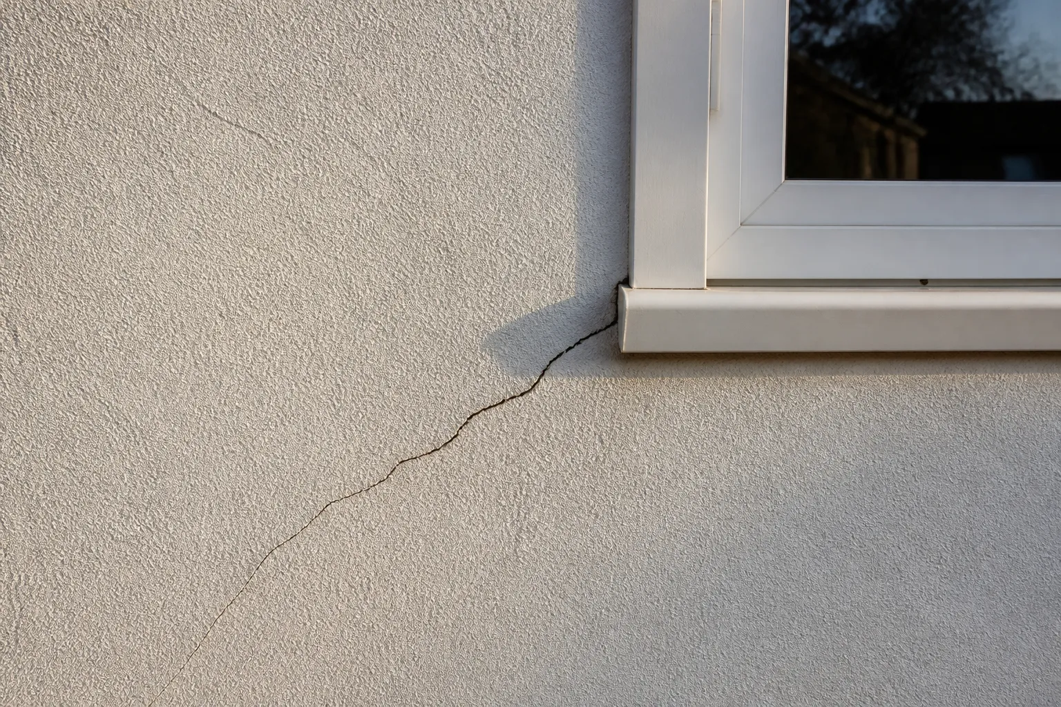 Fissure oblique au-dessus d’une fenêtre de maison enduite