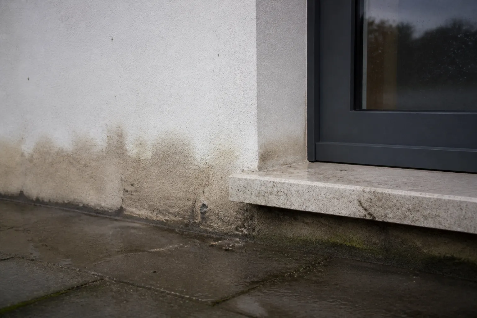 Seuil de porte et soubassement de maison observés après une période de pluie