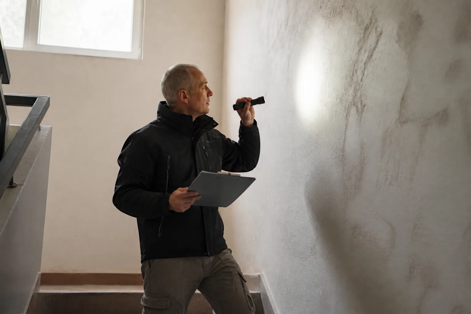 Expert en bâtiment inspectant une cage d’escalier de résidence collective