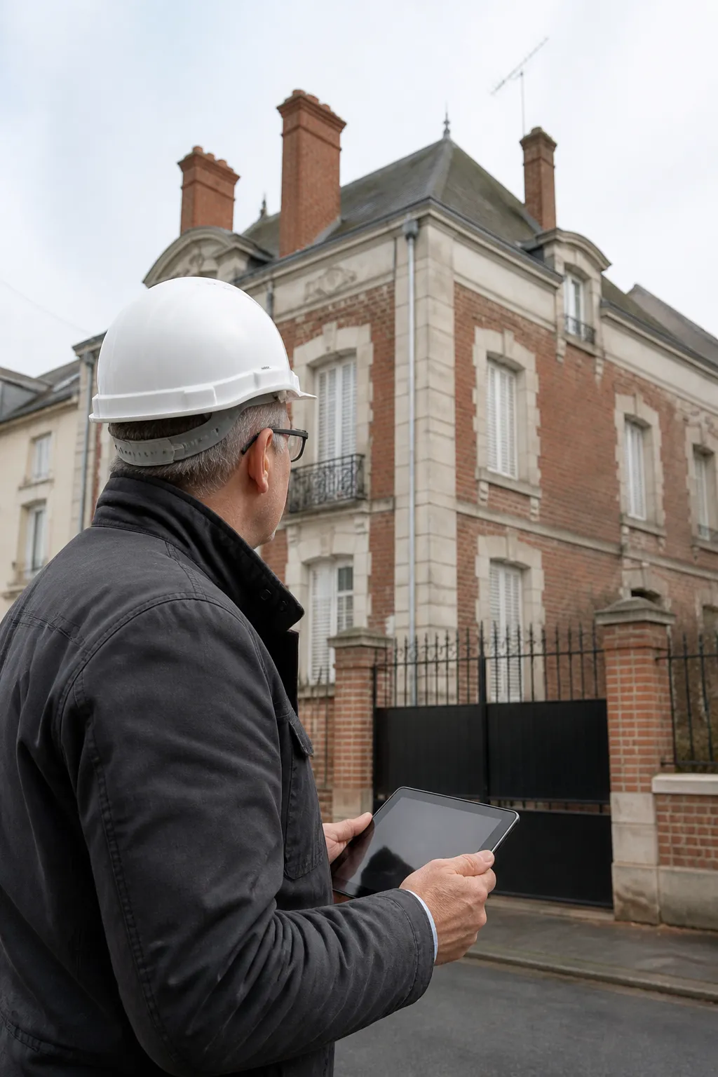 Expert en bâtiment devant un immeuble de ville en brique et pierre des années 1950