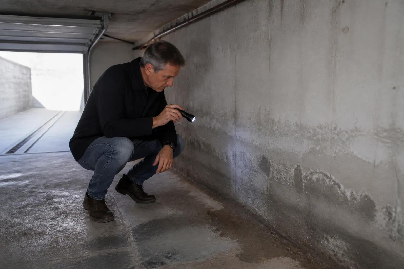 Expert examinant un sous-sol de maison avec une lampe