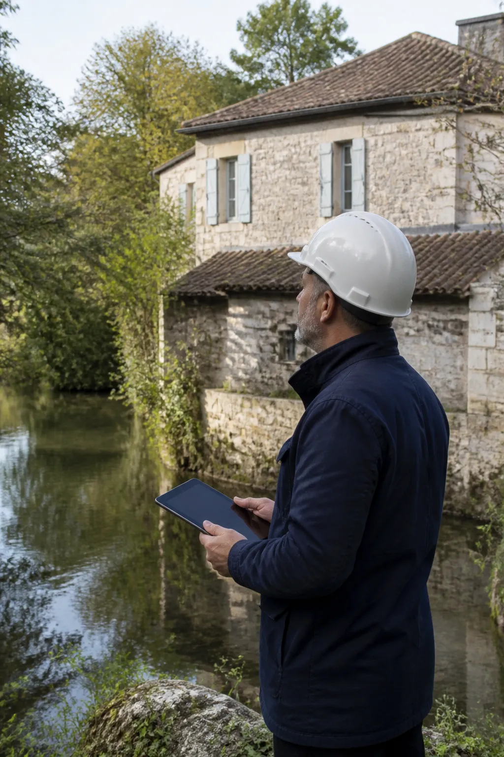 Expert en bâtiment devant une maison ancienne en pierre au bord d’une rivière dans l’Indre
