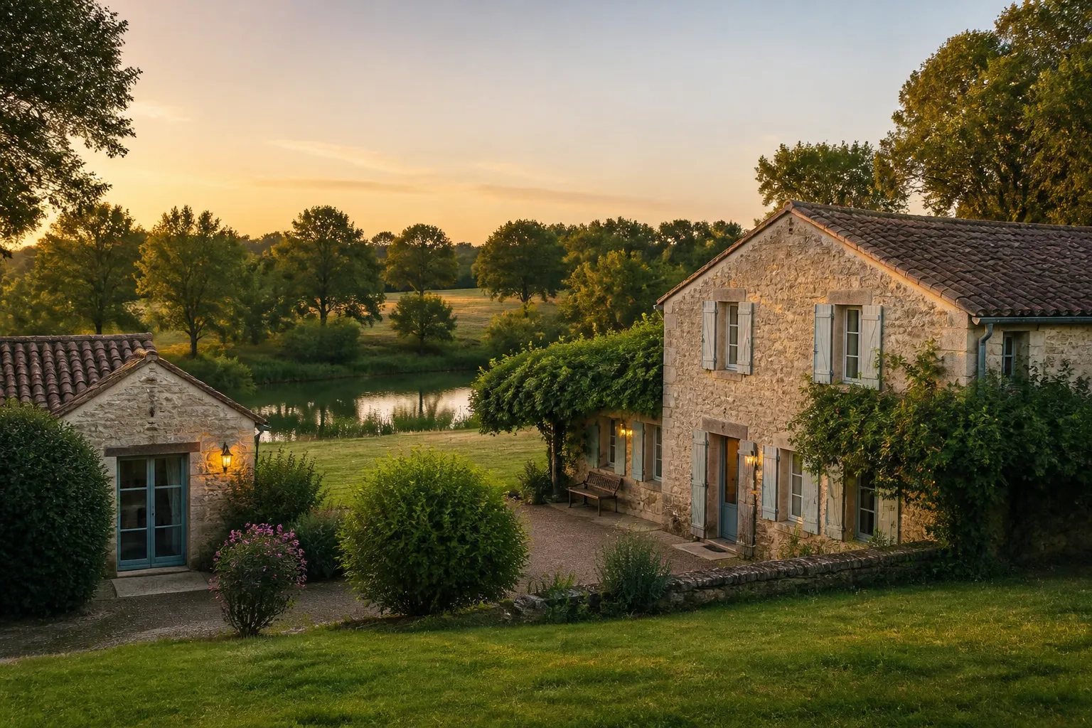 Maison de campagne avec dépendance et étang en arrière-plan