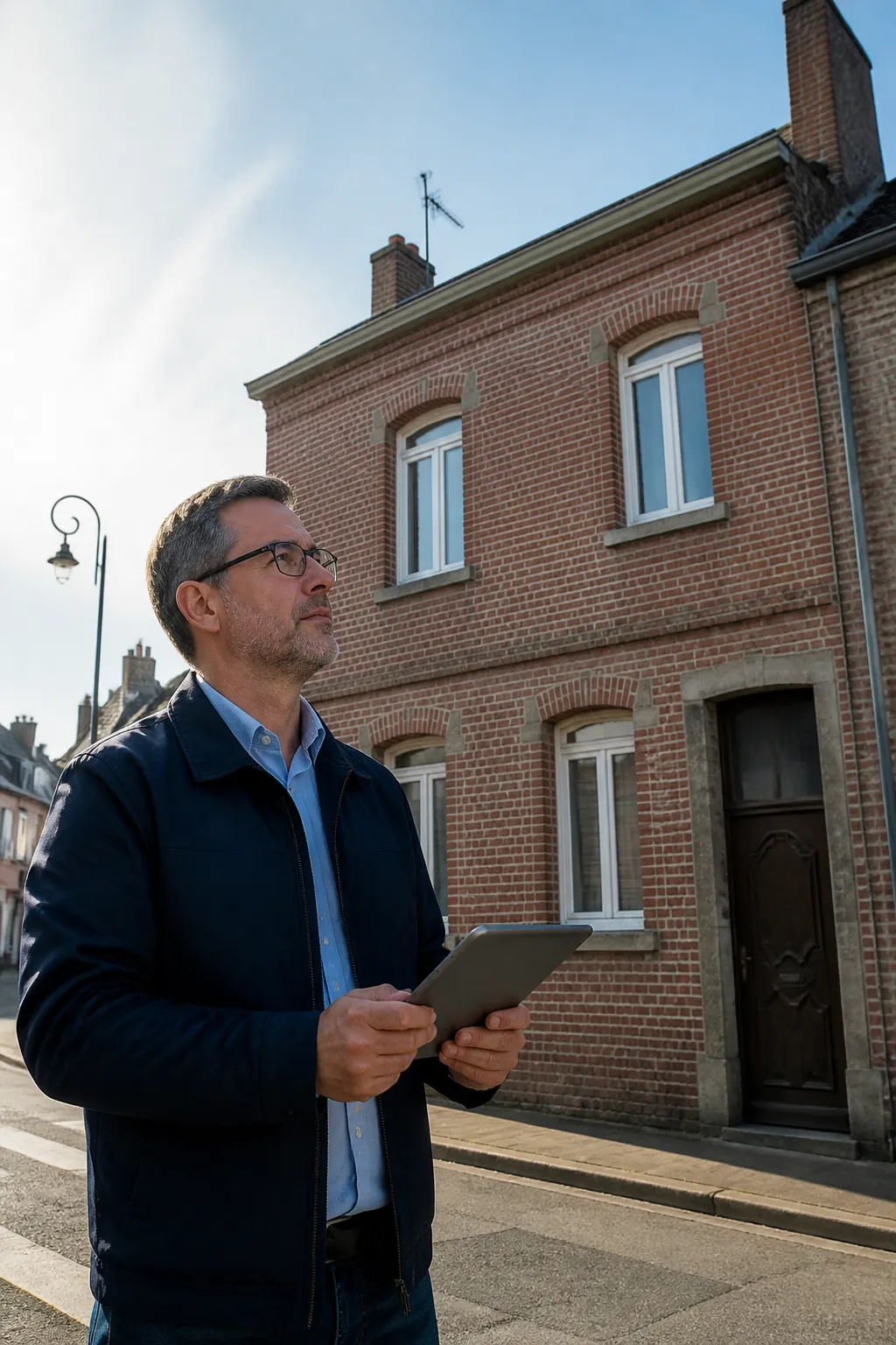 Expert en bâtiment devant une maison en brique dans l’Aisne