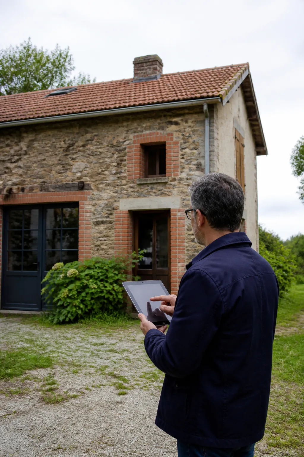 Expert en bâtiment devant une maison bourbonnaise en campagne