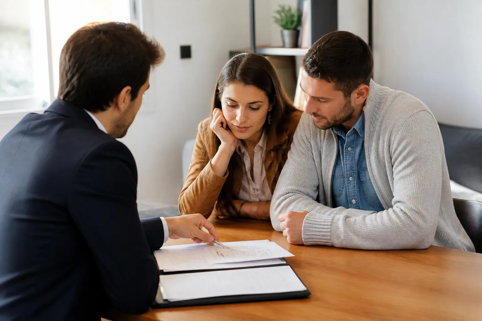 Acheteurs consultant un document avec un conseiller