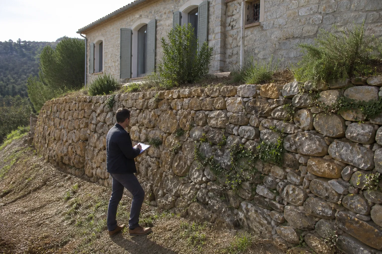 Expert en bâtiment observant un mur en pierre et un talus