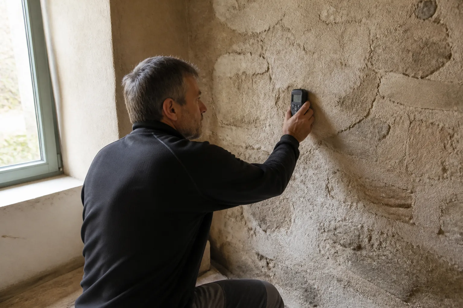 Expert mesurant l’humidité d’un mur intérieur en pierre
