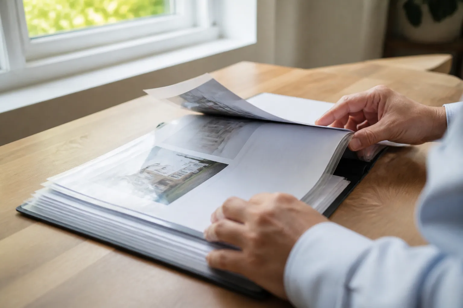 Acheteur lisant un dossier de diagnostics sur une table