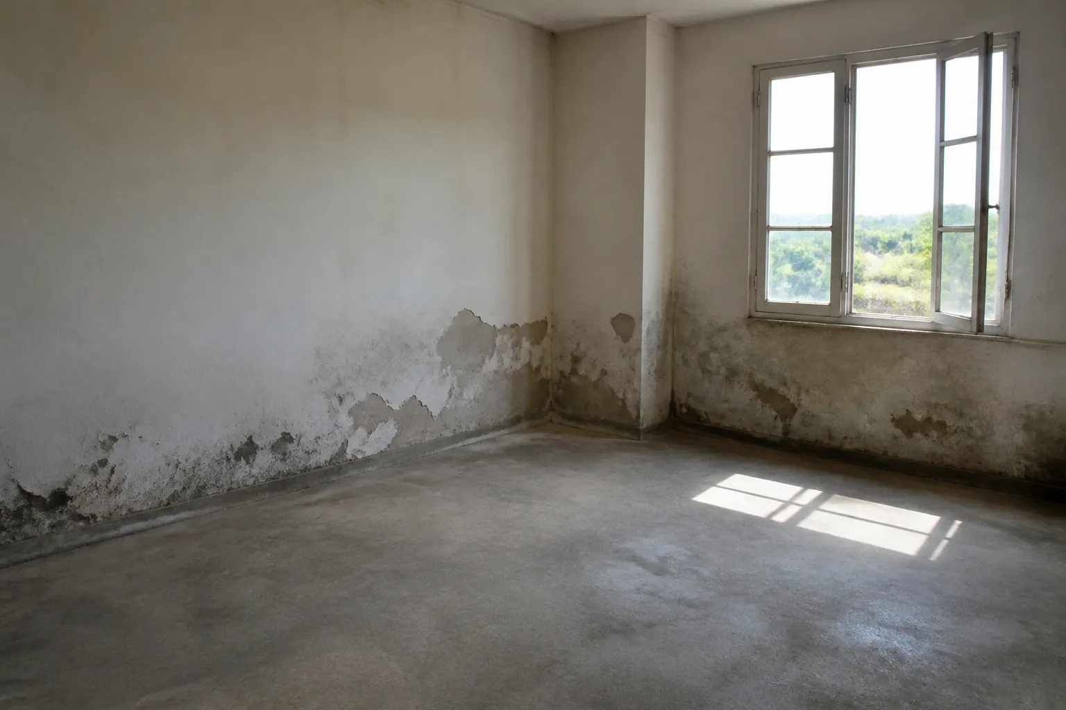 Pièce restée inoccupée avec traces d’humidité au mur