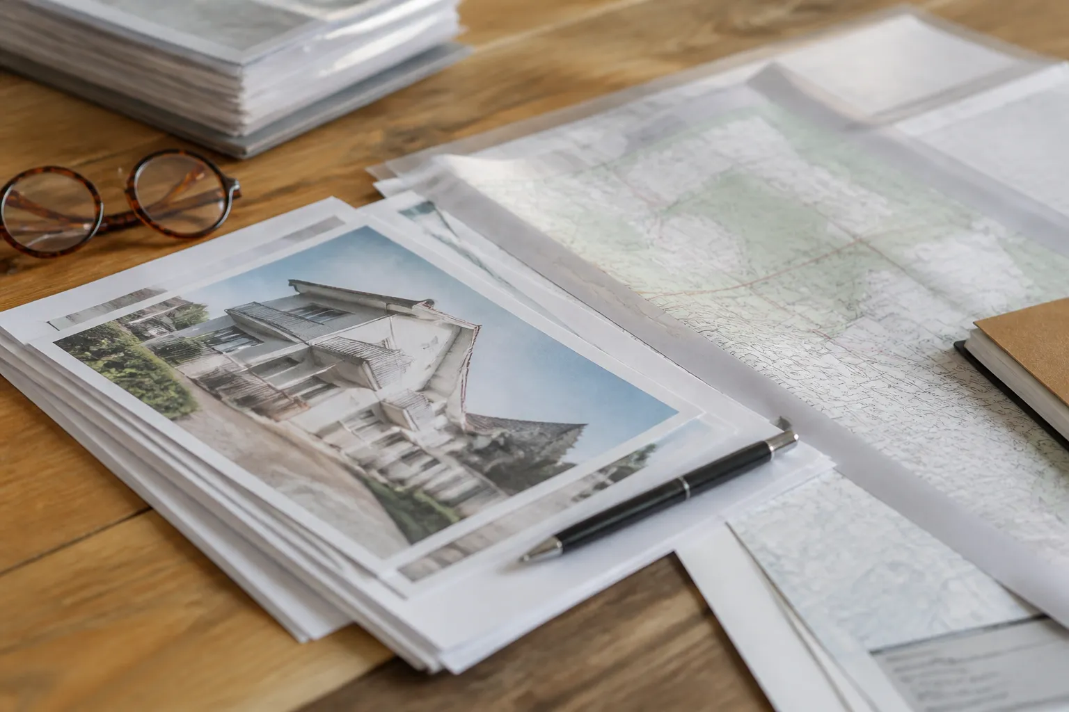 Dossier de documents immobiliers et carte de risques sur un bureau