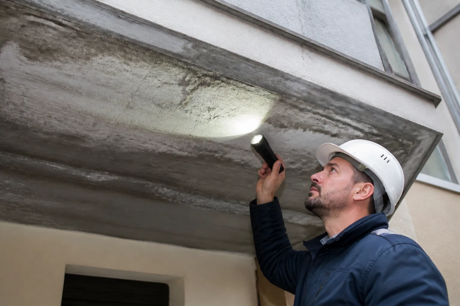 Expert en bâtiment inspectant un balcon d’immeuble