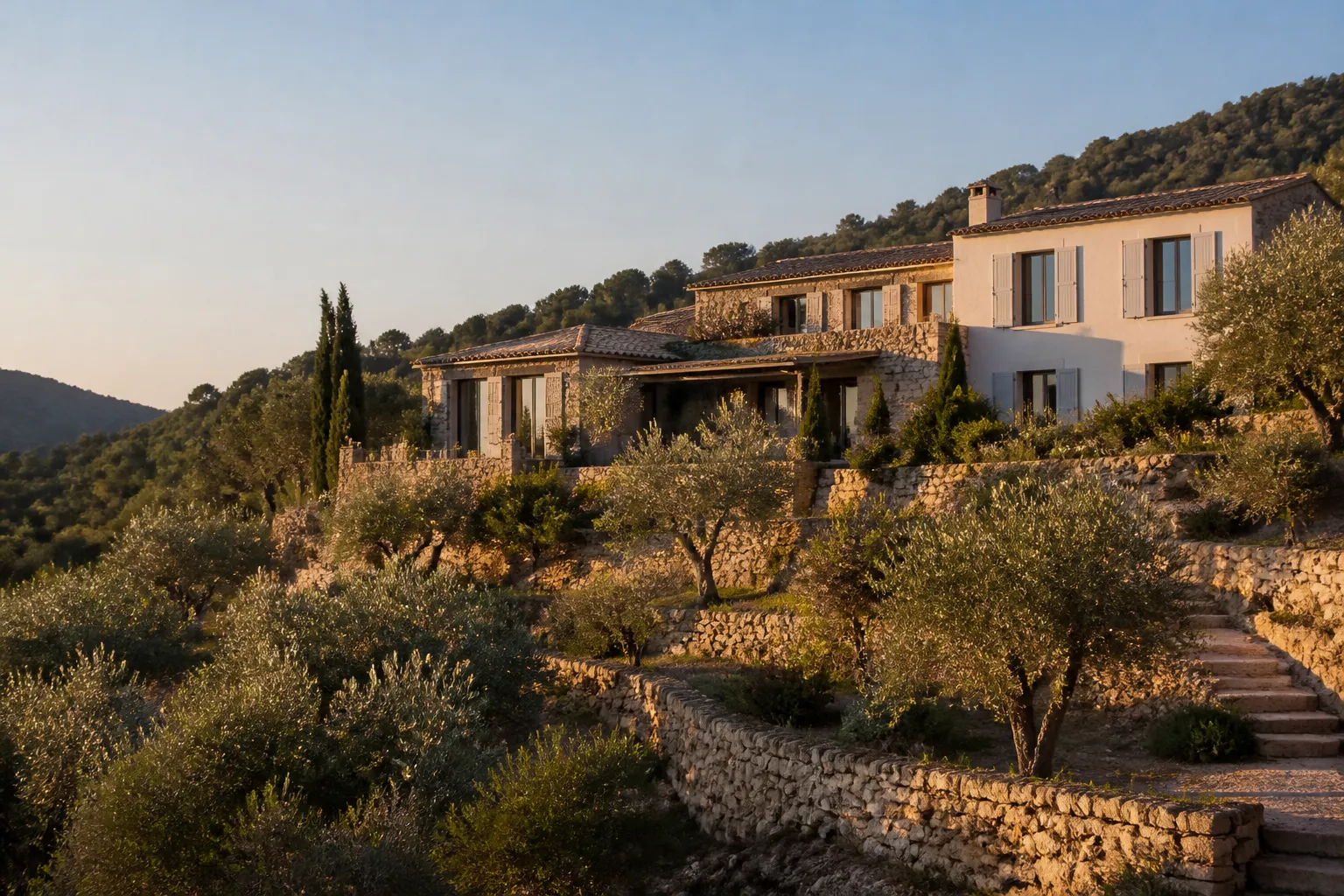 Villa sur terrain en pente avec murs de restanques