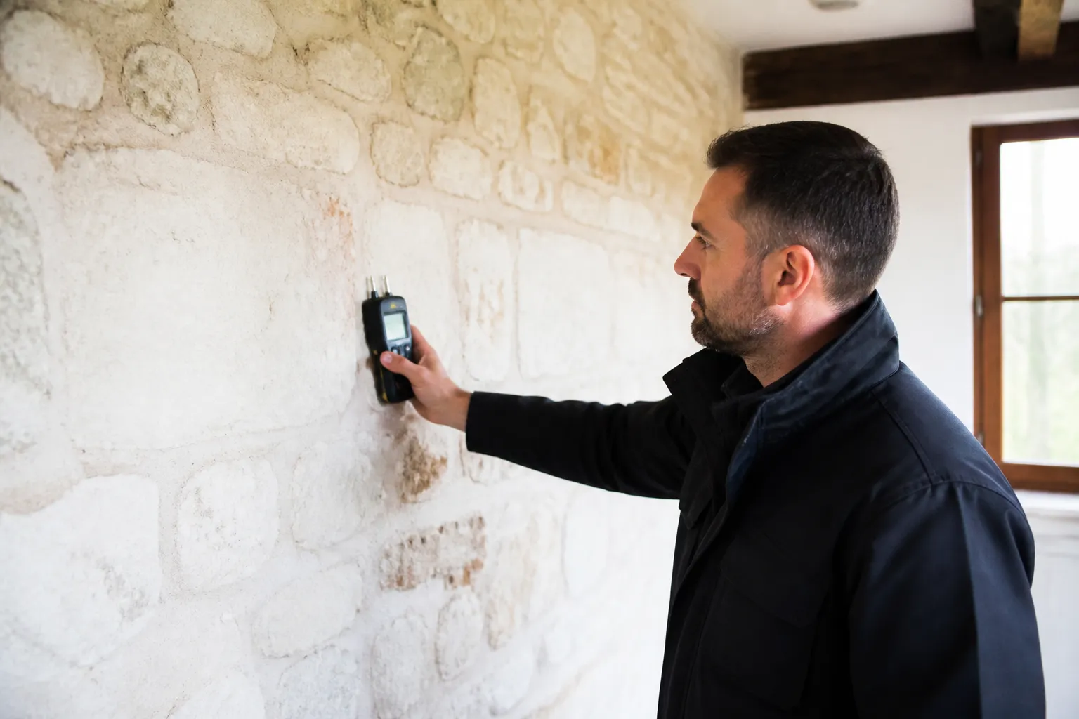 Expert en bâtiment mesurant l’humidité d’un mur en pierre