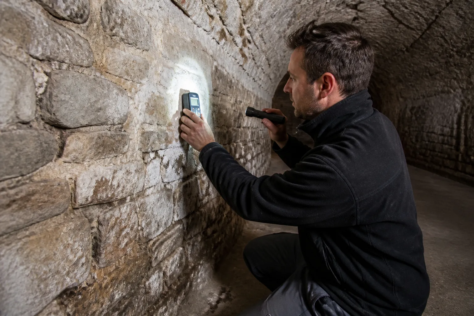 Expert mesurant l’humidité d’un mur de cave voûtée