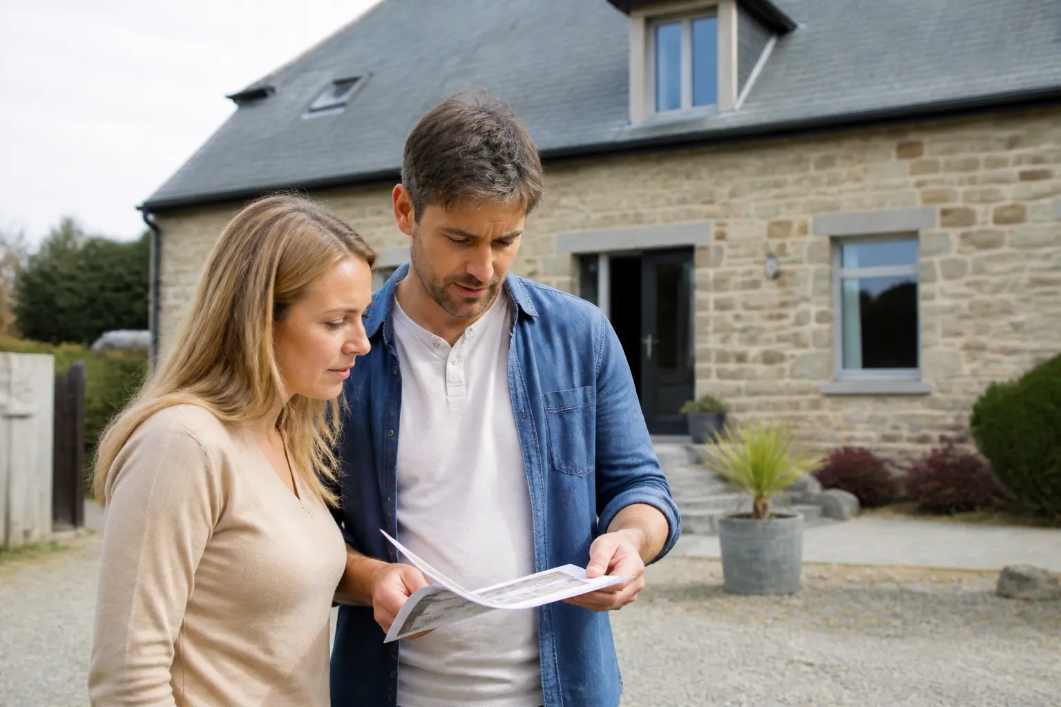 Couple d’acheteurs lisant des documents devant une maison