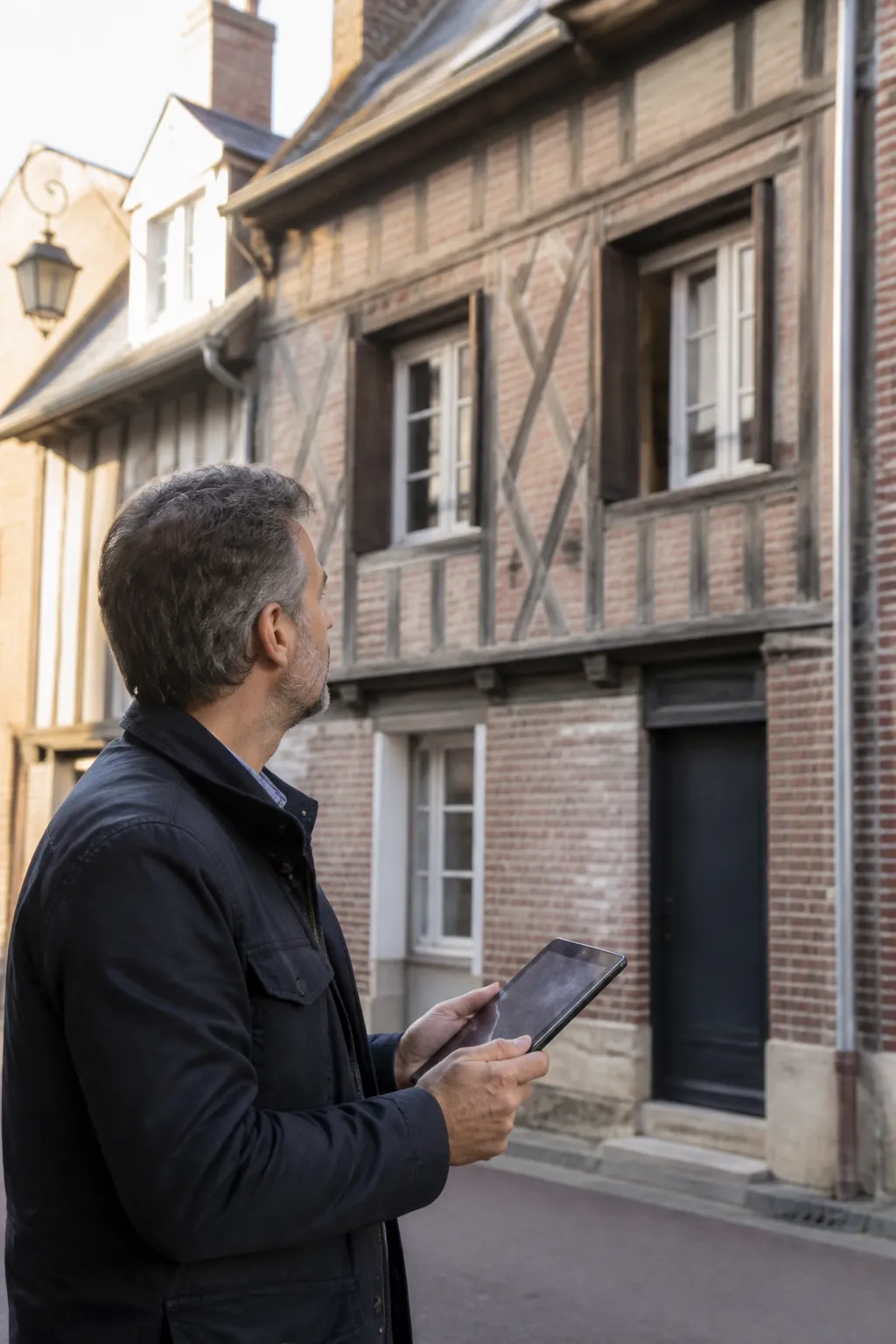Expert en bâtiment examinant la façade d’une maison ancienne avant un achat dans l’Aube