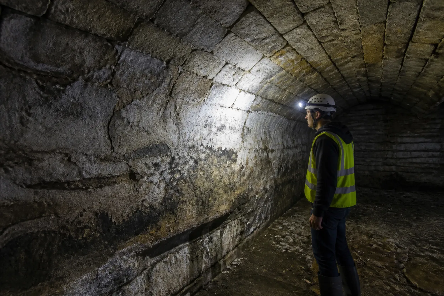 Cave voûtée en pierre éclairée par une lampe lors d’une inspection